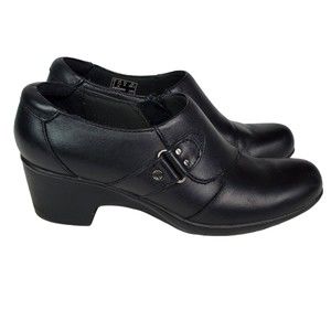Clarks 15260 Black Leather Side Zip Ankle Booties Womens Sz 7.5 Mule Cushion